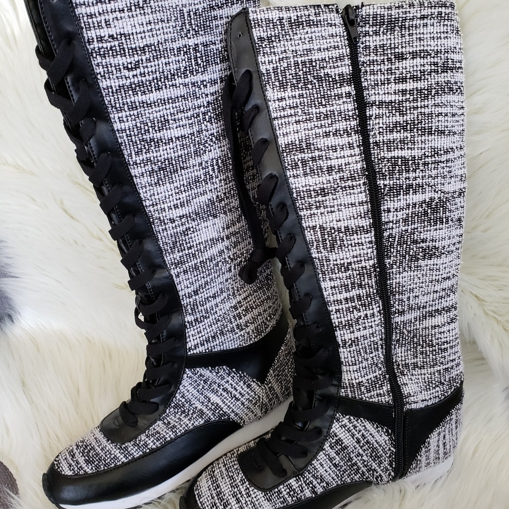 Black & White lace up boots with side zipper